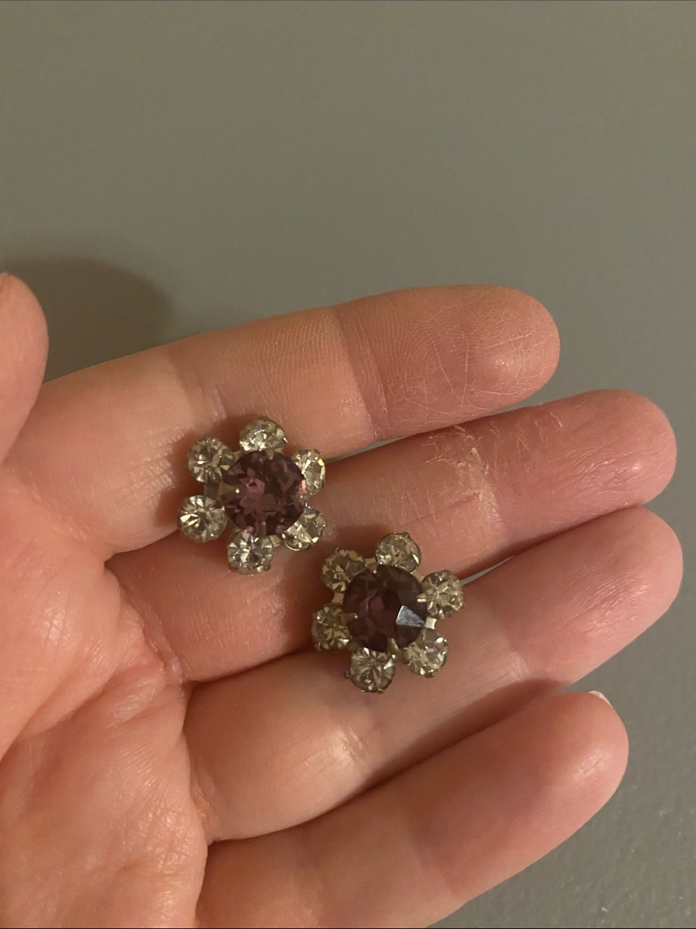 Vintage Crystal Flower Screw Back Earrings in Purple and Clear